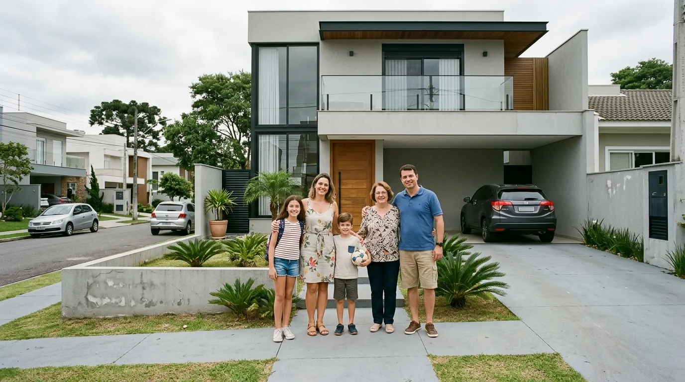 Família em frente à casa conquistada por consórcio de imóvel
