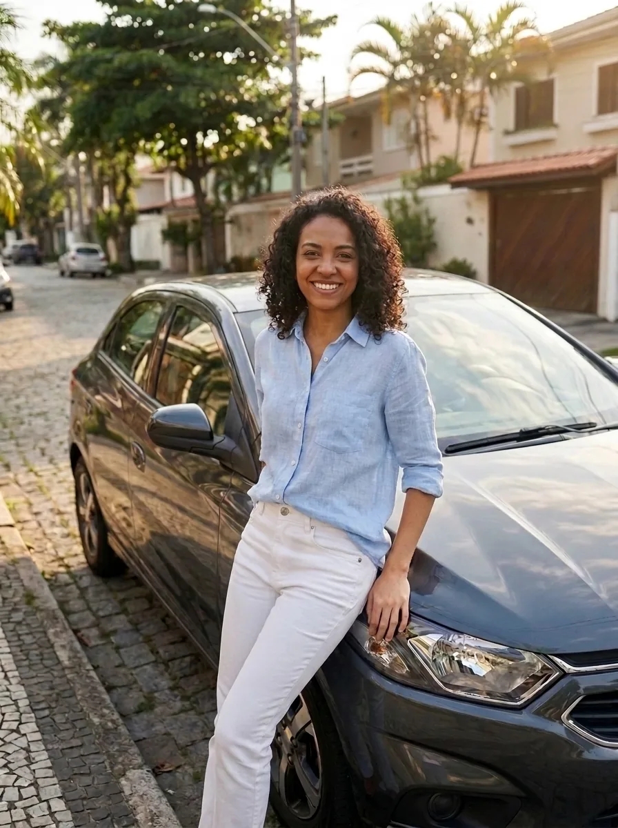 Cliente ao lado do carro conquistado com consórcio de veículo
